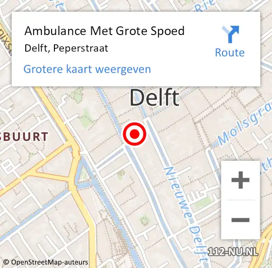 Locatie op kaart van de 112 melding: Ambulance Met Grote Spoed Naar Delft, Peperstraat op 10 november 2024 02:12