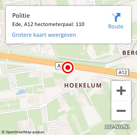 Locatie op kaart van de 112 melding: Politie Ede, A12 hectometerpaal: 110 op 10 november 2024 04:52