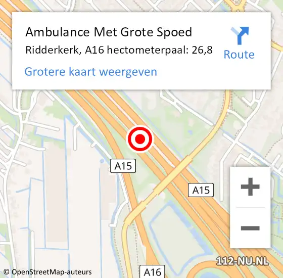 Locatie op kaart van de 112 melding: Ambulance Met Grote Spoed Naar Ridderkerk, A16 hectometerpaal: 26,8 op 10 november 2024 06:00