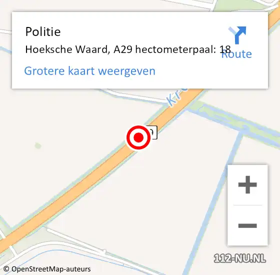 Locatie op kaart van de 112 melding: Politie Hoeksche Waard, A29 hectometerpaal: 18 op 10 november 2024 06:10