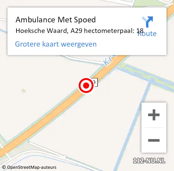 Locatie op kaart van de 112 melding: Ambulance Met Spoed Naar Hoeksche Waard, A29 hectometerpaal: 18 op 10 november 2024 06:15