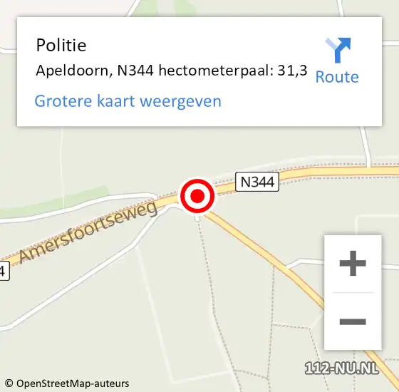 Locatie op kaart van de 112 melding: Politie Apeldoorn, N344 hectometerpaal: 31,3 op 10 november 2024 07:24