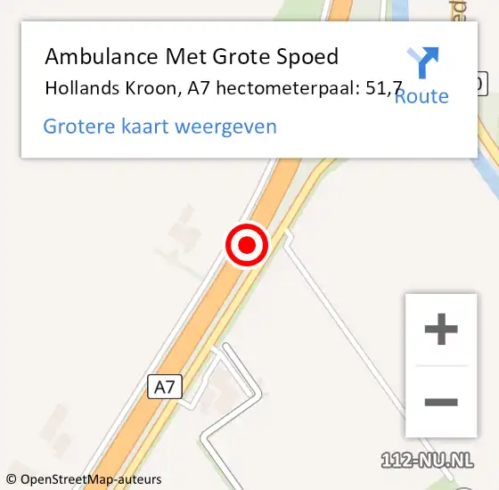 Locatie op kaart van de 112 melding: Ambulance Met Grote Spoed Naar Hollands Kroon, A7 hectometerpaal: 51,7 op 10 november 2024 10:21