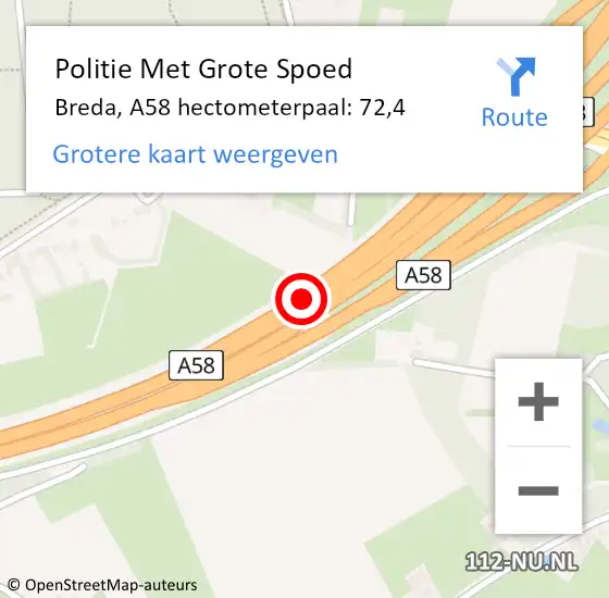 Locatie op kaart van de 112 melding: Politie Met Grote Spoed Naar Breda, A58 hectometerpaal: 72,4 op 10 november 2024 13:42