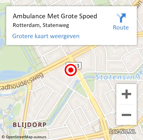 Locatie op kaart van de 112 melding: Ambulance Met Grote Spoed Naar Rotterdam, Statenweg op 10 november 2024 15:23