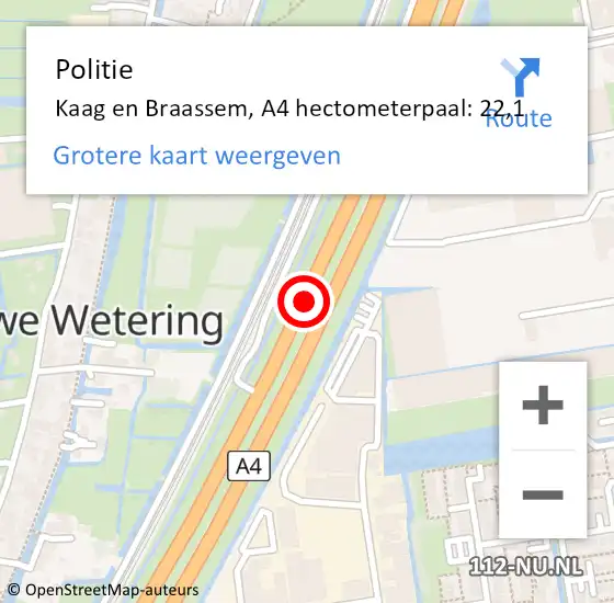 Locatie op kaart van de 112 melding: Politie Kaag en Braassem, A4 hectometerpaal: 22,1 op 10 november 2024 16:58