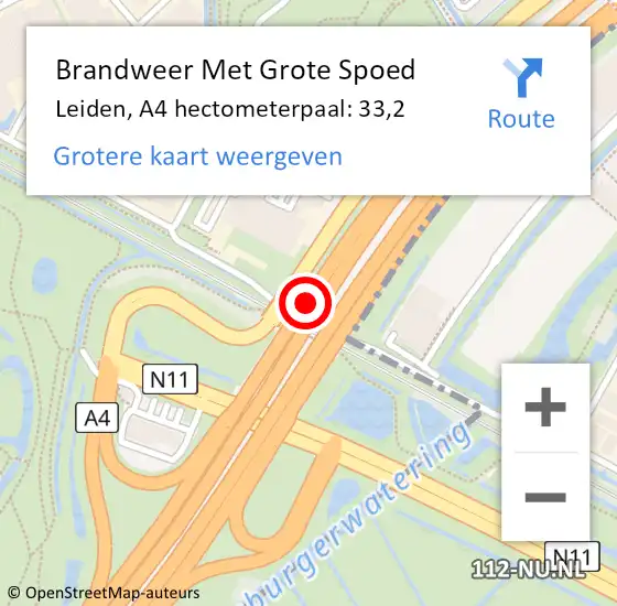 Locatie op kaart van de 112 melding: Brandweer Met Grote Spoed Naar Leiden, A4 hectometerpaal: 33,2 op 10 november 2024 17:14