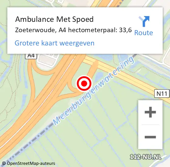 Locatie op kaart van de 112 melding: Ambulance Met Spoed Naar Zoeterwoude, A4 hectometerpaal: 33,6 op 10 november 2024 17:15