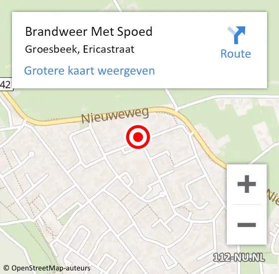 Locatie op kaart van de 112 melding: Brandweer Met Spoed Naar Groesbeek, Ericastraat op 10 november 2024 17:15