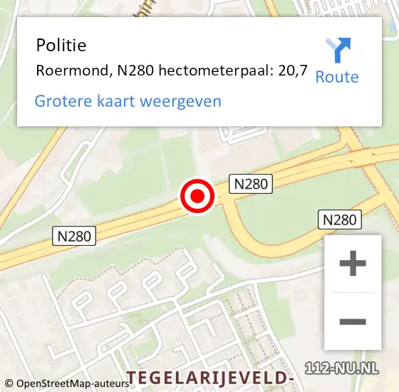 Locatie op kaart van de 112 melding: Politie Roermond, N280 hectometerpaal: 20,7 op 10 november 2024 19:33