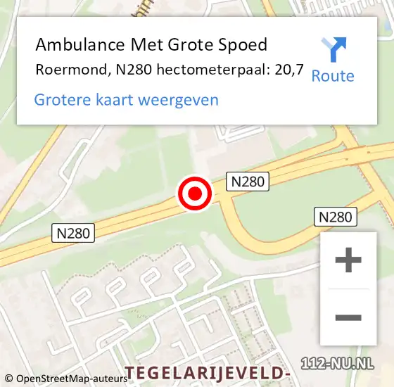 Locatie op kaart van de 112 melding: Ambulance Met Grote Spoed Naar Roermond, N280 hectometerpaal: 20,7 op 10 november 2024 19:34