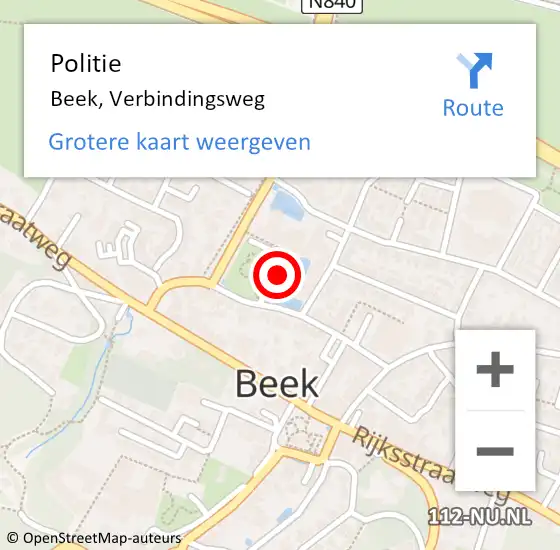 Locatie op kaart van de 112 melding: Politie Beek, Verbindingsweg op 10 november 2024 22:55