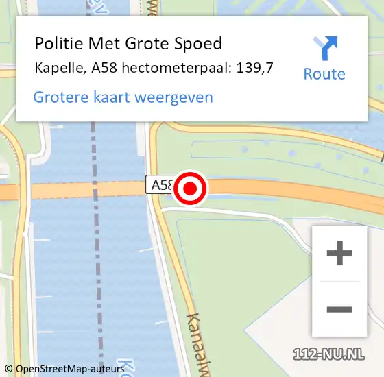 Locatie op kaart van de 112 melding: Politie Met Grote Spoed Naar Kapelle, A58 hectometerpaal: 139,7 op 10 november 2024 23:14