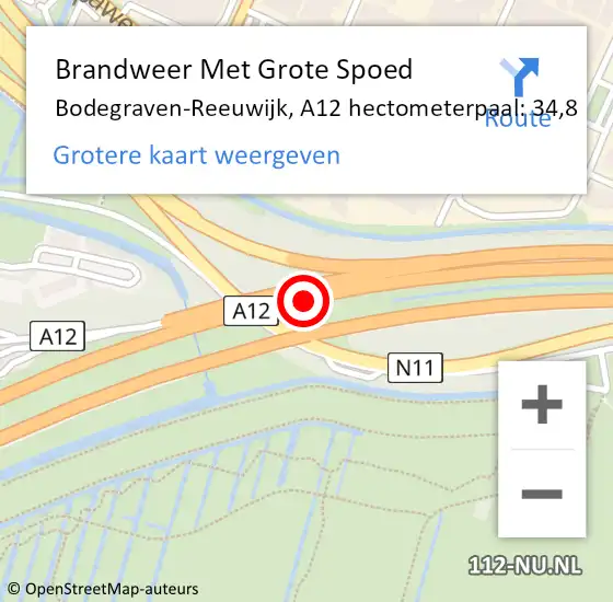 Locatie op kaart van de 112 melding: Brandweer Met Grote Spoed Naar Bodegraven-Reeuwijk, A12 hectometerpaal: 34,8 op 11 november 2024 04:36