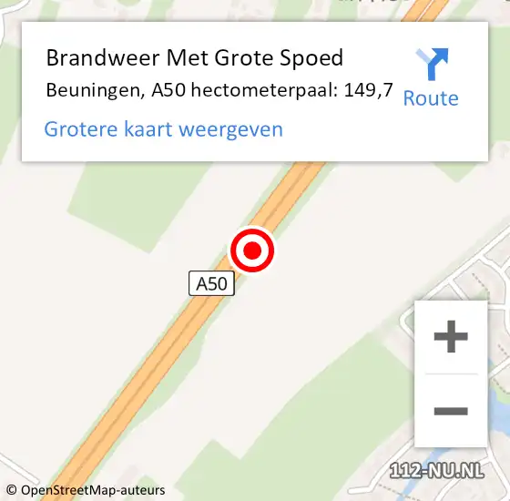 Locatie op kaart van de 112 melding: Brandweer Met Grote Spoed Naar Beuningen, A50 hectometerpaal: 149,7 op 11 november 2024 06:19