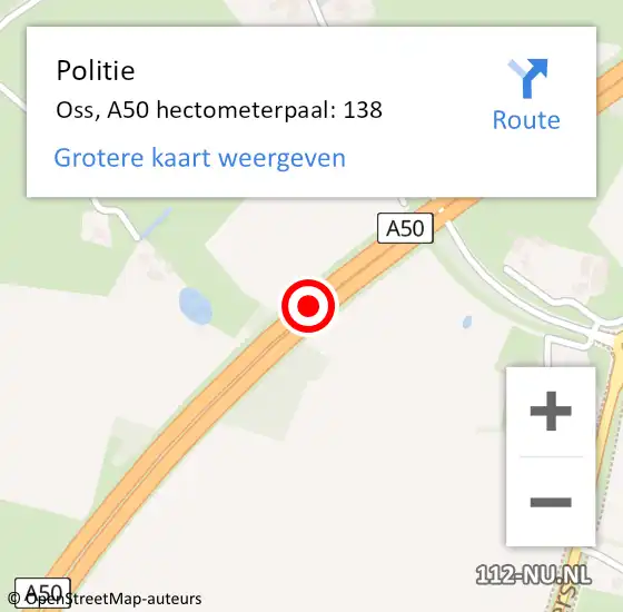 Locatie op kaart van de 112 melding: Politie Oss, A50 hectometerpaal: 138 op 11 november 2024 06:36