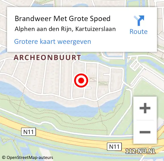 Locatie op kaart van de 112 melding: Brandweer Met Grote Spoed Naar Alphen aan den Rijn, Kartuizerslaan op 11 november 2024 06:50