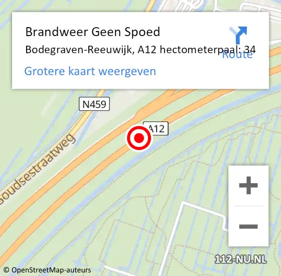 Locatie op kaart van de 112 melding: Brandweer Geen Spoed Naar Bodegraven-Reeuwijk, A12 hectometerpaal: 34 op 11 november 2024 07:10