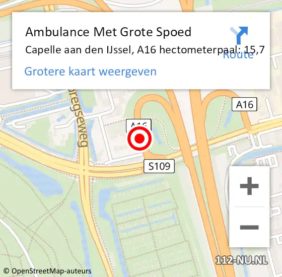 Locatie op kaart van de 112 melding: Ambulance Met Grote Spoed Naar Capelle aan den IJssel, A16 hectometerpaal: 15,7 op 11 november 2024 08:30