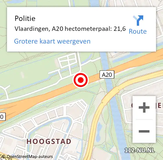 Locatie op kaart van de 112 melding: Politie Vlaardingen, A20 hectometerpaal: 21,6 op 11 november 2024 08:42