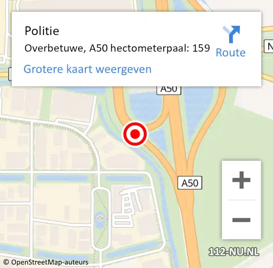 Locatie op kaart van de 112 melding: Politie Overbetuwe, A50 hectometerpaal: 159 op 11 november 2024 09:44