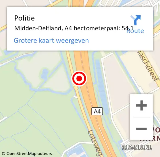 Locatie op kaart van de 112 melding: Politie Midden-Delfland, A4 hectometerpaal: 54,1 op 11 november 2024 10:39