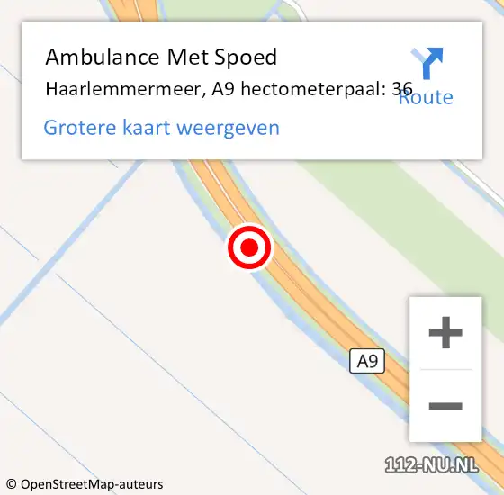 Locatie op kaart van de 112 melding: Ambulance Met Spoed Naar Haarlemmermeer, A9 hectometerpaal: 36 op 11 november 2024 10:47