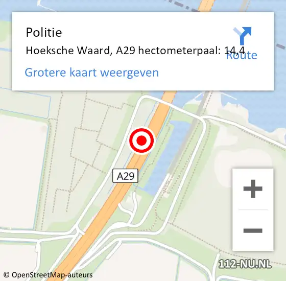 Locatie op kaart van de 112 melding: Politie Hoeksche Waard, A29 hectometerpaal: 14,4 op 11 november 2024 12:47