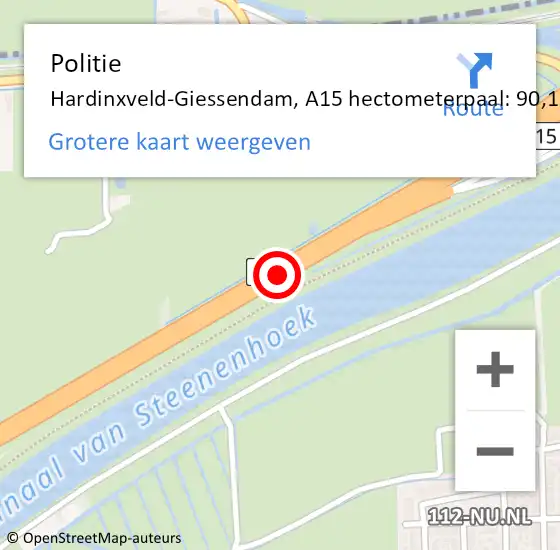 Locatie op kaart van de 112 melding: Politie Hardinxveld-Giessendam, A15 hectometerpaal: 90,1 op 11 november 2024 14:34