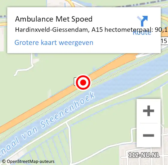 Locatie op kaart van de 112 melding: Ambulance Met Spoed Naar Hardinxveld-Giessendam, A15 hectometerpaal: 90,1 op 11 november 2024 14:38