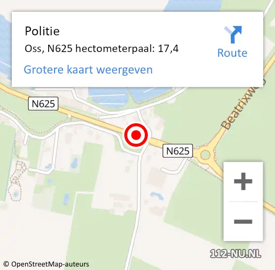 Locatie op kaart van de 112 melding: Politie Oss, N625 hectometerpaal: 17,4 op 11 november 2024 15:50