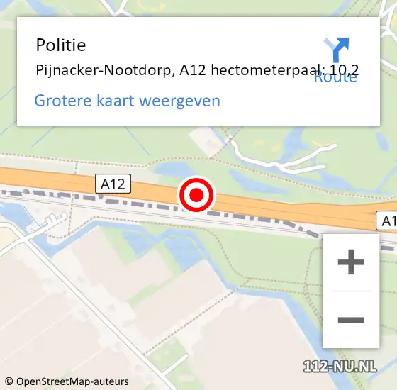 Locatie op kaart van de 112 melding: Politie Pijnacker-Nootdorp, A12 hectometerpaal: 10,2 op 11 november 2024 16:46