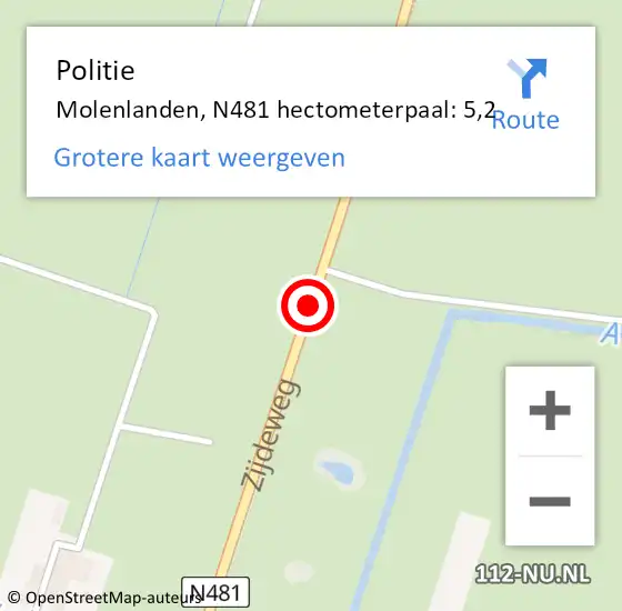 Locatie op kaart van de 112 melding: Politie Molenlanden, N481 hectometerpaal: 5,2 op 11 november 2024 17:00