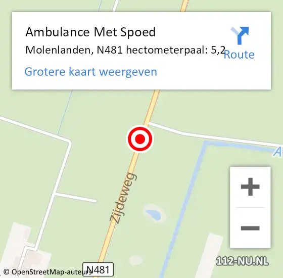 Locatie op kaart van de 112 melding: Ambulance Met Spoed Naar Molenlanden, N481 hectometerpaal: 5,2 op 11 november 2024 17:01