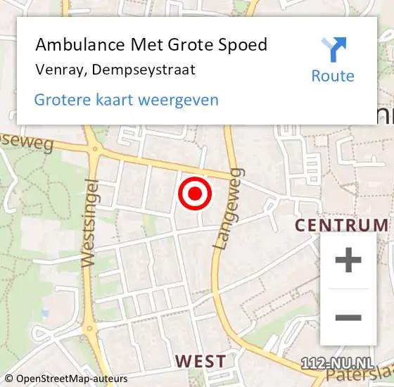 Locatie op kaart van de 112 melding: Ambulance Met Grote Spoed Naar Venray, Dempseystraat op 26 oktober 2014 16:40