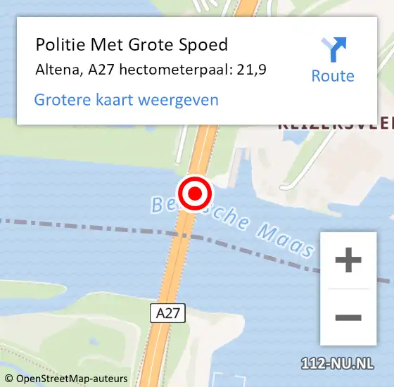 Locatie op kaart van de 112 melding: Politie Met Grote Spoed Naar Altena, A27 hectometerpaal: 21,9 op 11 november 2024 17:30