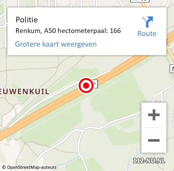 Locatie op kaart van de 112 melding: Politie Renkum, A50 hectometerpaal: 166 op 11 november 2024 17:32