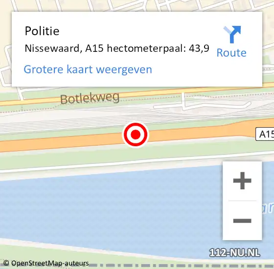 Locatie op kaart van de 112 melding: Politie Nissewaard, A15 hectometerpaal: 43,9 op 11 november 2024 17:39