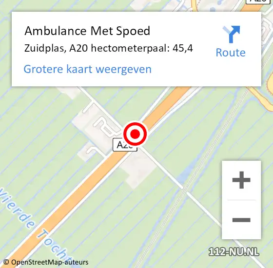 Locatie op kaart van de 112 melding: Ambulance Met Spoed Naar Zuidplas, A20 hectometerpaal: 45,4 op 11 november 2024 17:55