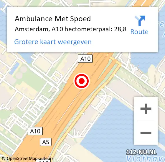 Locatie op kaart van de 112 melding: Ambulance Met Spoed Naar Amsterdam, A10 hectometerpaal: 28,8 op 11 november 2024 18:13