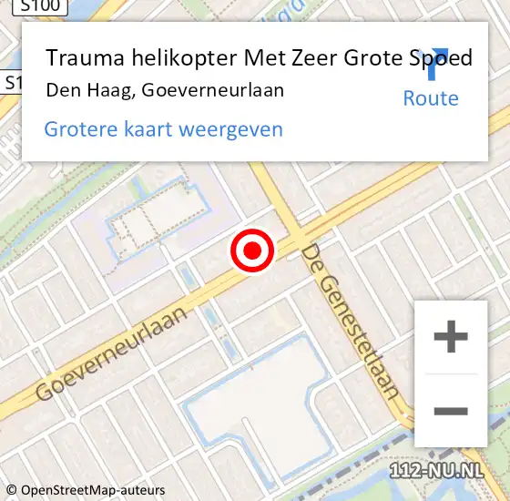 Locatie op kaart van de 112 melding: Trauma helikopter Met Zeer Grote Spoed Naar Den Haag, Goeverneurlaan op 11 november 2024 18:55