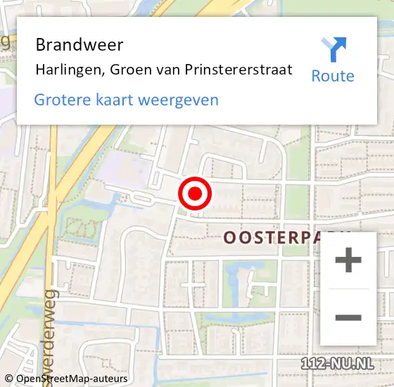 Locatie op kaart van de 112 melding: Brandweer Harlingen, Groen van Prinstererstraat op 11 november 2024 19:40