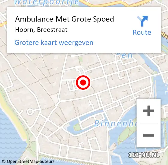 Locatie op kaart van de 112 melding: Ambulance Met Grote Spoed Naar Hoorn, Breestraat op 11 november 2024 22:19