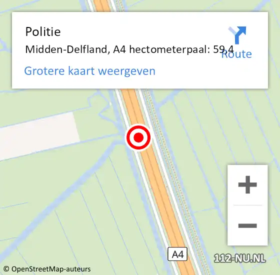 Locatie op kaart van de 112 melding: Politie Midden-Delfland, A4 hectometerpaal: 59,4 op 11 november 2024 23:00