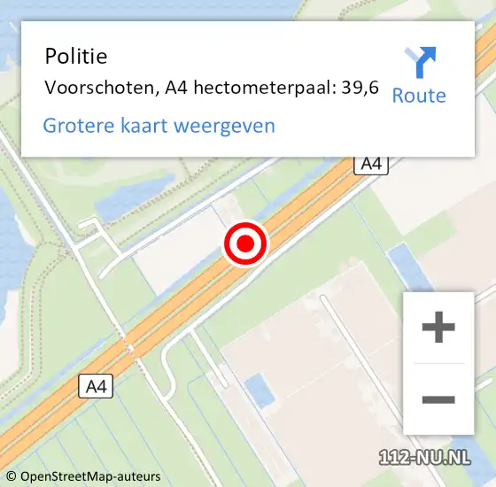 Locatie op kaart van de 112 melding: Politie Voorschoten, A4 hectometerpaal: 39,6 op 12 november 2024 06:22