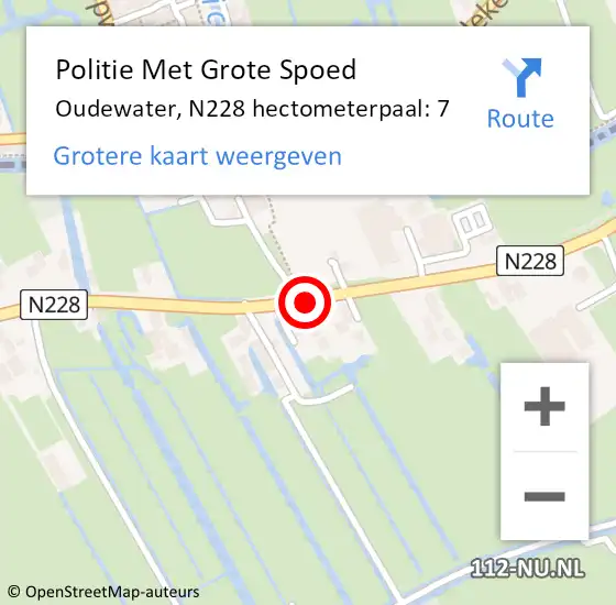 Locatie op kaart van de 112 melding: Politie Met Grote Spoed Naar Oudewater, N228 hectometerpaal: 7 op 12 november 2024 07:26