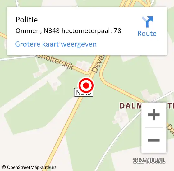 Locatie op kaart van de 112 melding: Politie Ommen, N348 hectometerpaal: 78 op 12 november 2024 07:40