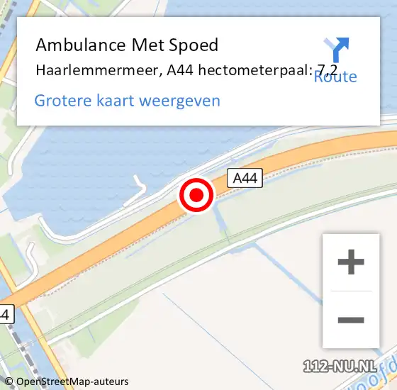 Locatie op kaart van de 112 melding: Ambulance Met Spoed Naar Haarlemmermeer, A44 hectometerpaal: 7,2 op 12 november 2024 07:53