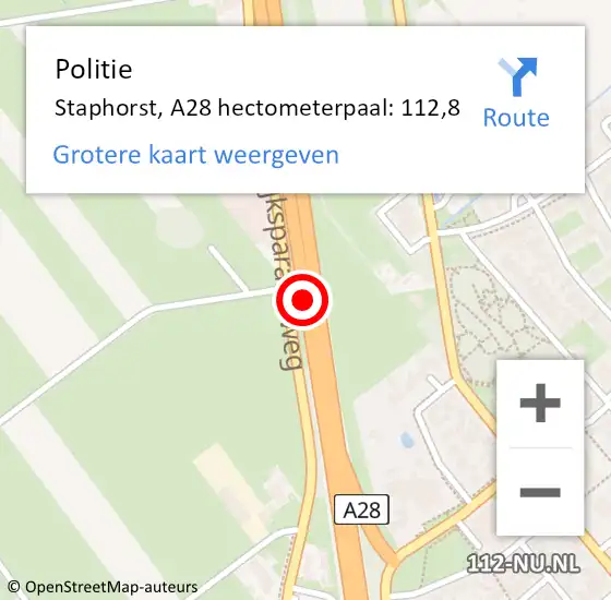 Locatie op kaart van de 112 melding: Politie Staphorst, A28 hectometerpaal: 112,8 op 12 november 2024 08:39