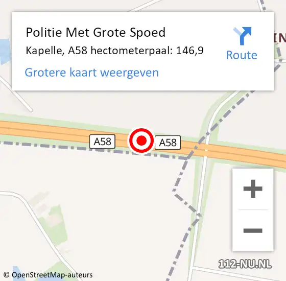 Locatie op kaart van de 112 melding: Politie Met Grote Spoed Naar Kapelle, A58 hectometerpaal: 146,9 op 12 november 2024 10:34